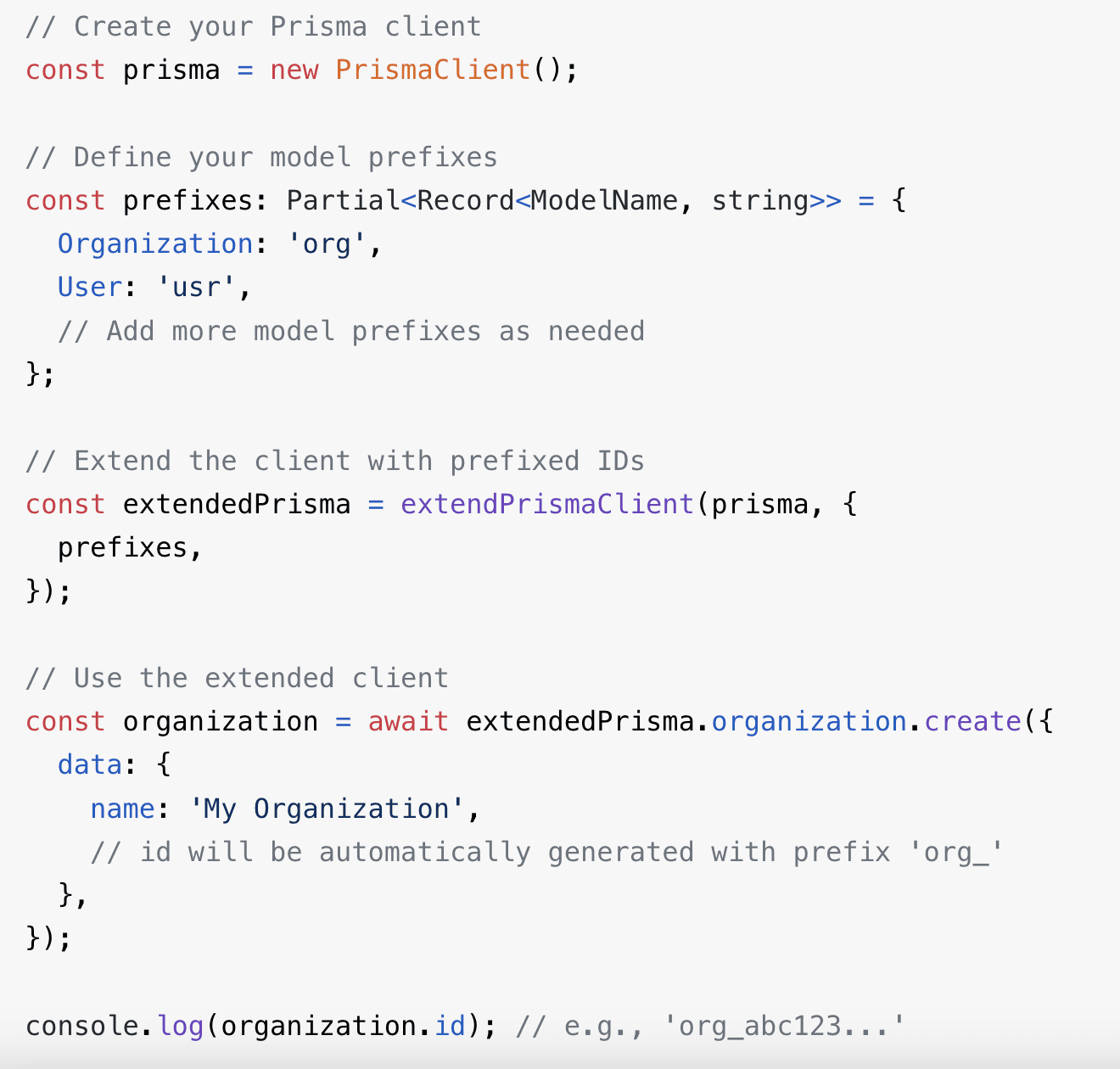 TypeScript code configuring per-model ID prefixes for a Prisma client