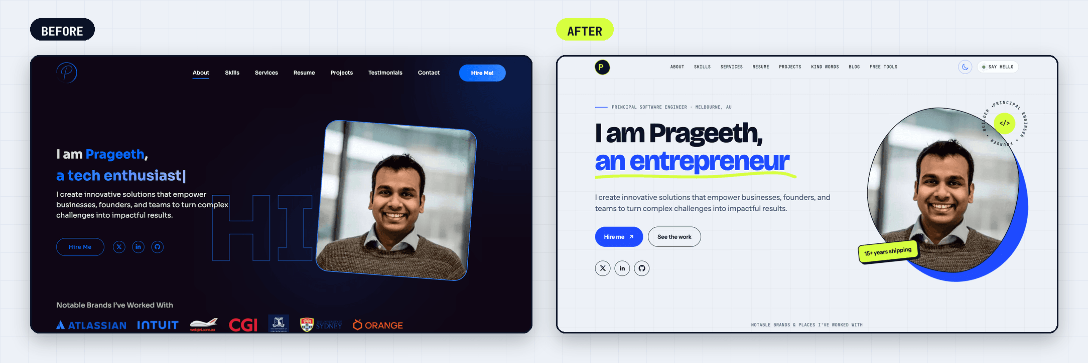 The old dark home page on the left and the new light home page with a lime accent on the right