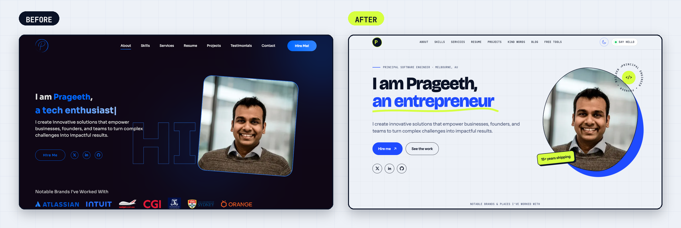 The old dark home page next to the new default light home page